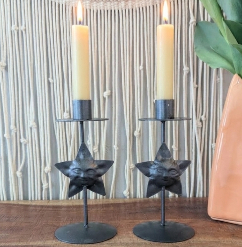 Vintage Celestial Star Sun Face Metal Taper Candlestick Candle Holders Set of 2